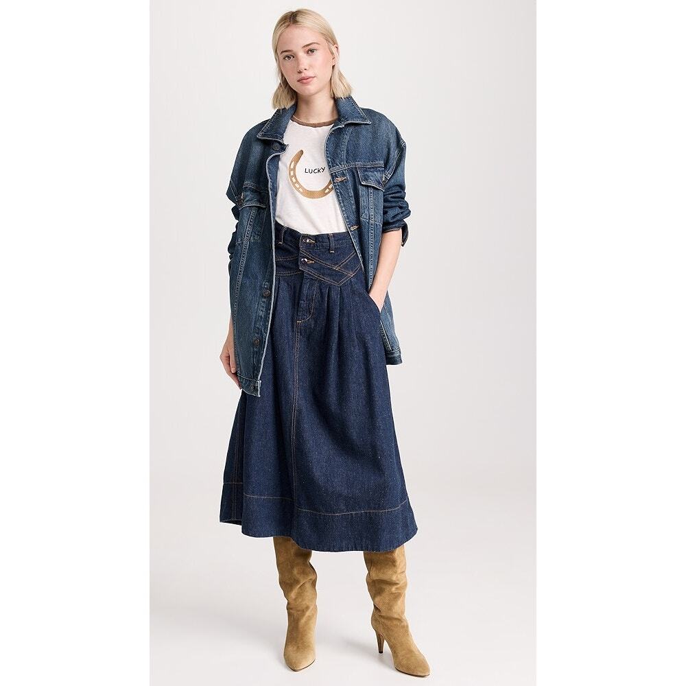 The Great. Denim Field Skirt Midnight Rinse Indigo A Line Flare Midi NWT Size 0